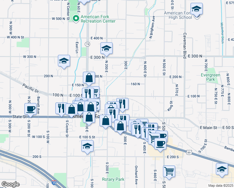 map of restaurants, bars, coffee shops, grocery stores, and more near 42 North 200 East in American Fork