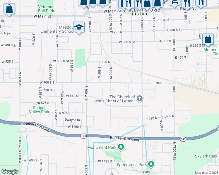 map of restaurants, bars, coffee shops, grocery stores, and more near 736 South 300 West in Lehi