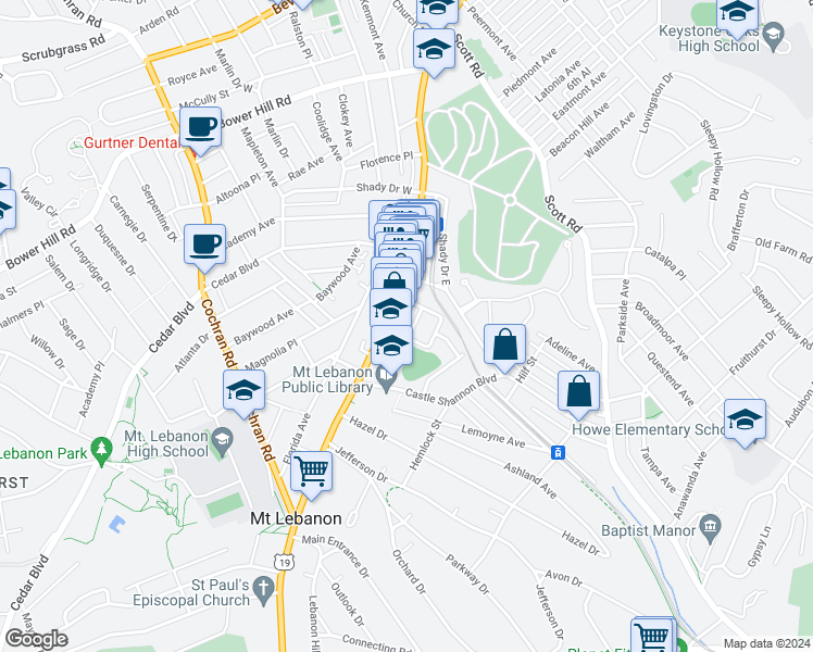 map of restaurants, bars, coffee shops, grocery stores, and more near 11-735 Washington Road in Pittsburgh