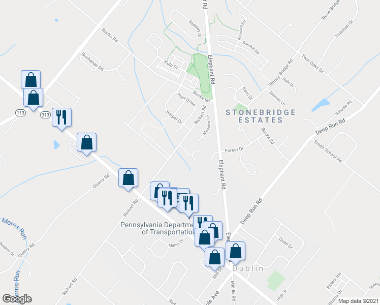 map of restaurants, bars, coffee shops, grocery stores, and more near 174 Moyer Drive in Dublin