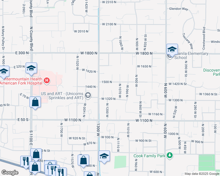 map of restaurants, bars, coffee shops, grocery stores, and more near 1427 Narra Place in Pleasant Grove