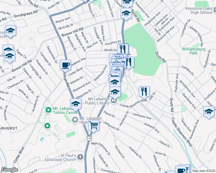 map of restaurants, bars, coffee shops, grocery stores, and more near 209 Washington Road in Pittsburgh