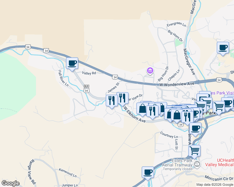 map of restaurants, bars, coffee shops, grocery stores, and more near 604 West Elkhorn Avenue in Estes Park