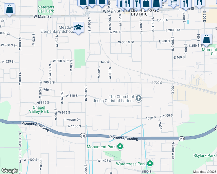 map of restaurants, bars, coffee shops, grocery stores, and more near 736 South 300 West in Lehi