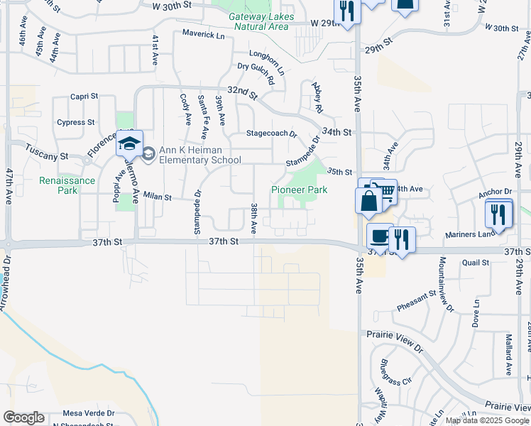 map of restaurants, bars, coffee shops, grocery stores, and more near 3758 Ponderosa Court in Evans