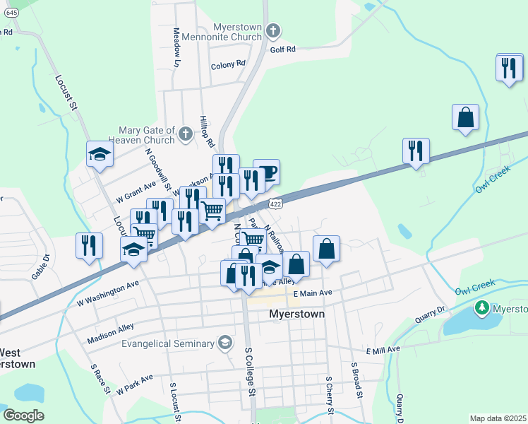 map of restaurants, bars, coffee shops, grocery stores, and more near 210 North Railroad Street in Myerstown