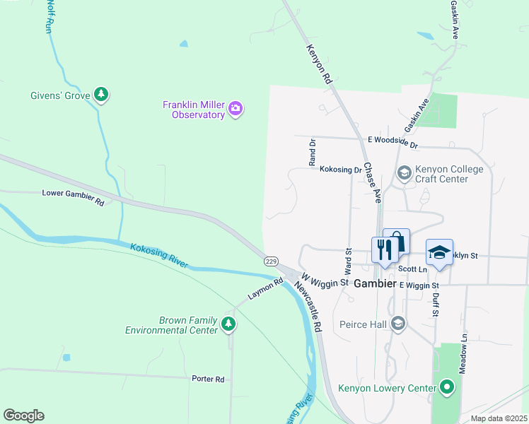 map of restaurants, bars, coffee shops, grocery stores, and more near 214 Kokosing Drive in Gambier