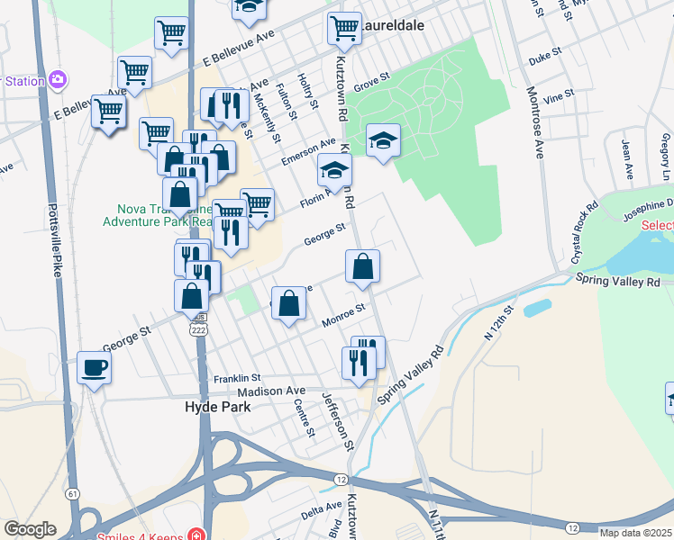 map of restaurants, bars, coffee shops, grocery stores, and more near 3000 Kutztown Road in Reading