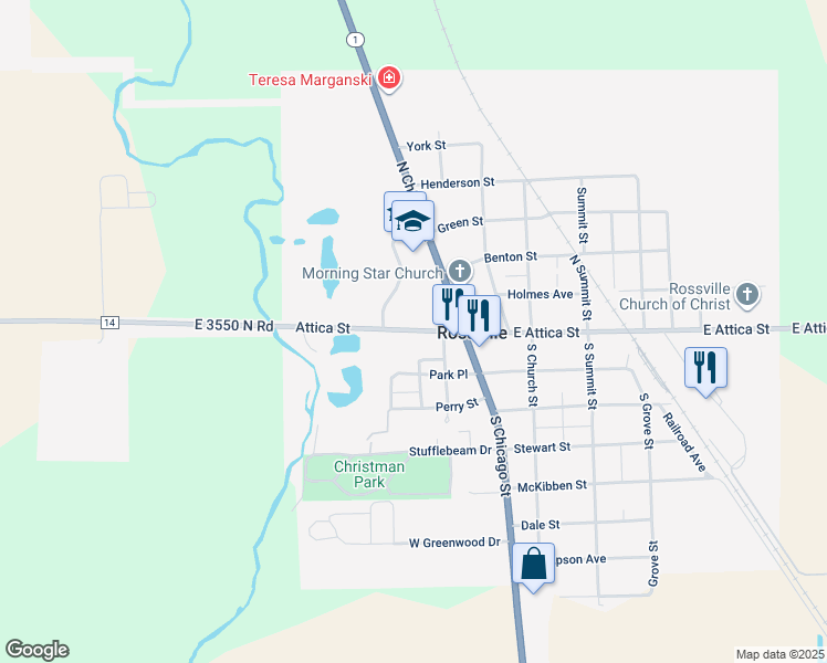 map of restaurants, bars, coffee shops, grocery stores, and more near 111-199 West Attica Street in Rossville