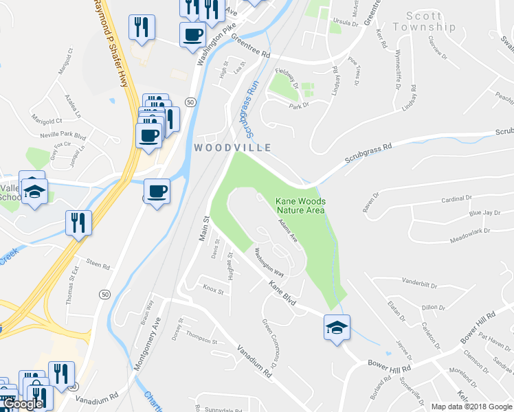 map of restaurants, bars, coffee shops, grocery stores, and more near 100 Adams Avenue in Pittsburgh