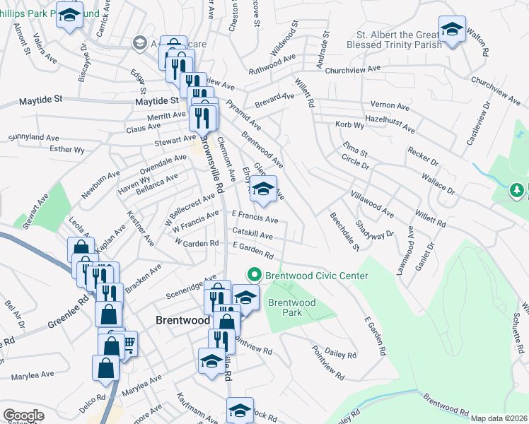 map of restaurants, bars, coffee shops, grocery stores, and more near 3129 Elroy Avenue in Brentwood