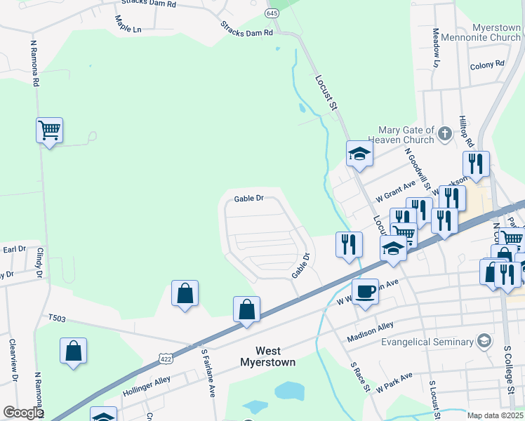 map of restaurants, bars, coffee shops, grocery stores, and more near 415 Abbey Drive in Myerstown