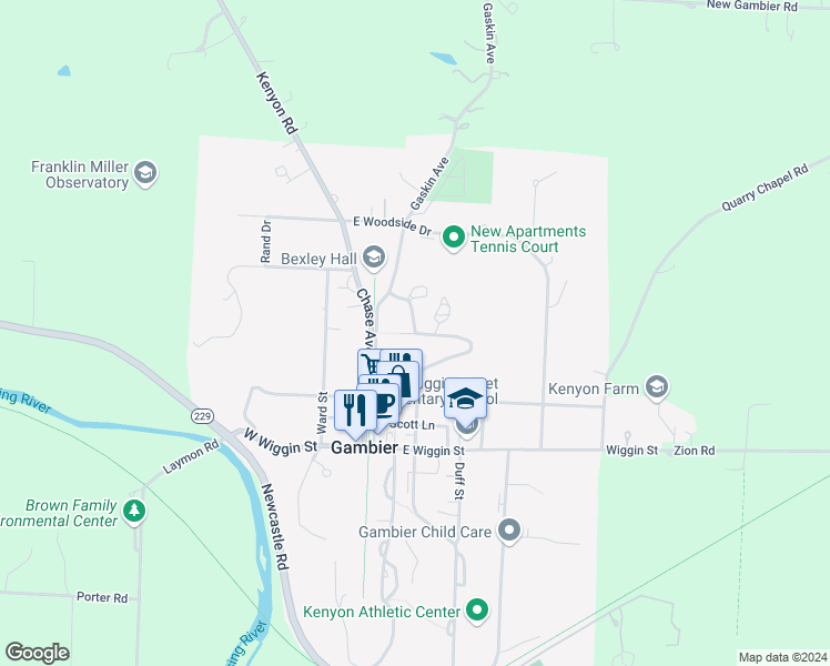 map of restaurants, bars, coffee shops, grocery stores, and more near 216 North Acland Street in Gambier