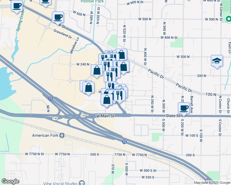 map of restaurants, bars, coffee shops, grocery stores, and more near 142 U.S. 89 in American Fork
