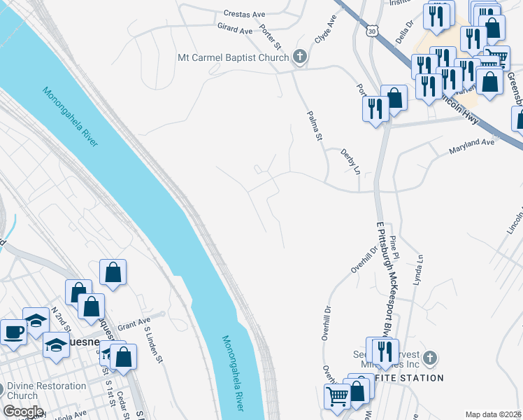 map of restaurants, bars, coffee shops, grocery stores, and more near 2800 Maryland Avenue in North Versailles