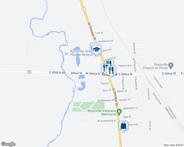map of restaurants, bars, coffee shops, grocery stores, and more near 111-199 West Attica Street in Rossville