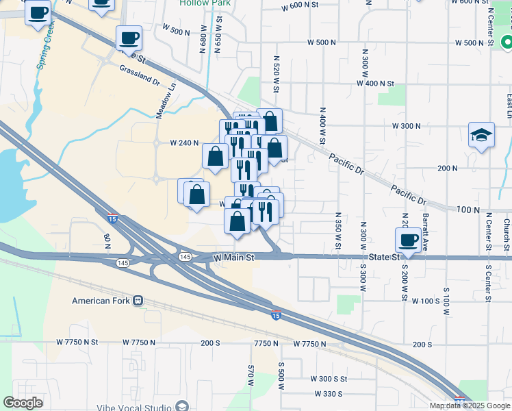 map of restaurants, bars, coffee shops, grocery stores, and more near 142 U.S. 89 in American Fork