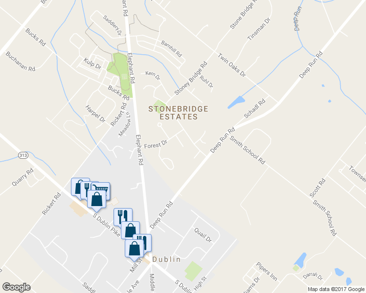 map of restaurants, bars, coffee shops, grocery stores, and more near 220 Dean Drive in Perkasie