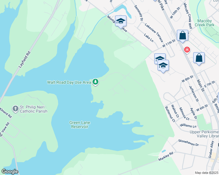 map of restaurants, bars, coffee shops, grocery stores, and more near 1047 Walt Road in Pennsburg