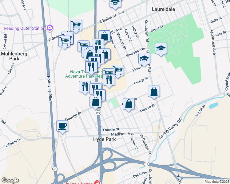 map of restaurants, bars, coffee shops, grocery stores, and more near 641 Centre Street in Reading