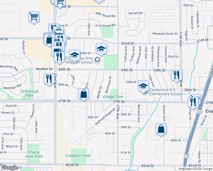 map of restaurants, bars, coffee shops, grocery stores, and more near 3411 Montrose Street in Evans