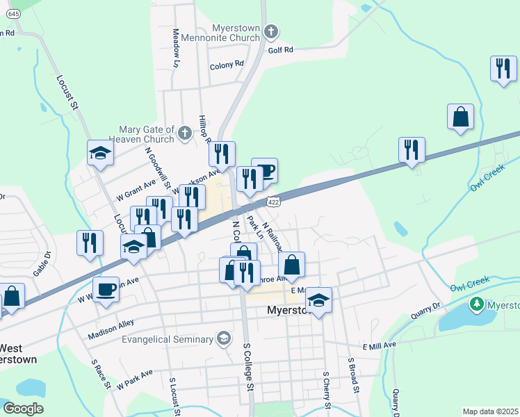map of restaurants, bars, coffee shops, grocery stores, and more near 210 North Railroad Street in Myerstown