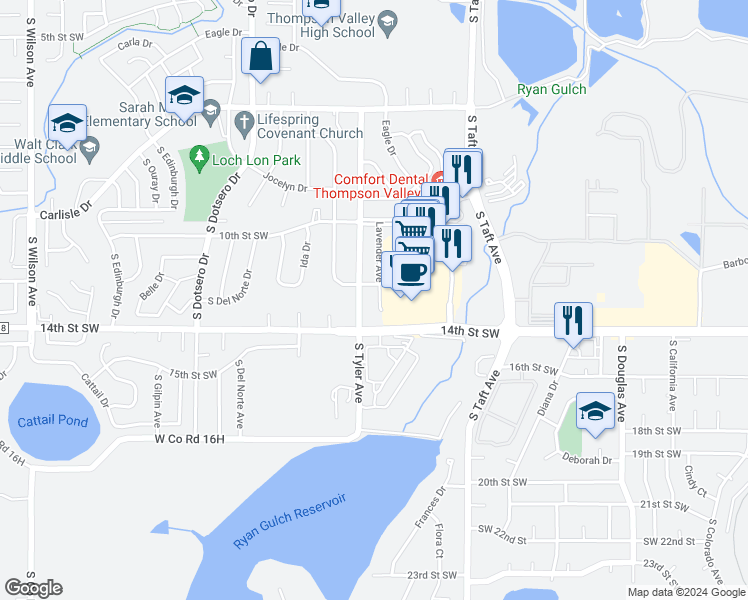 map of restaurants, bars, coffee shops, grocery stores, and more near 1277 Lavender Court in Loveland
