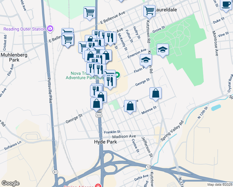 map of restaurants, bars, coffee shops, grocery stores, and more near 641 Centre Street in Reading