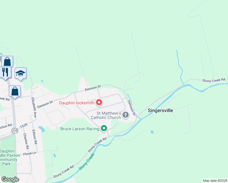map of restaurants, bars, coffee shops, grocery stores, and more near 421 Denison Drive in Dauphin