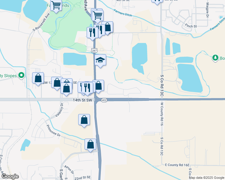 map of restaurants, bars, coffee shops, grocery stores, and more near 451 14th Street Southeast in Loveland