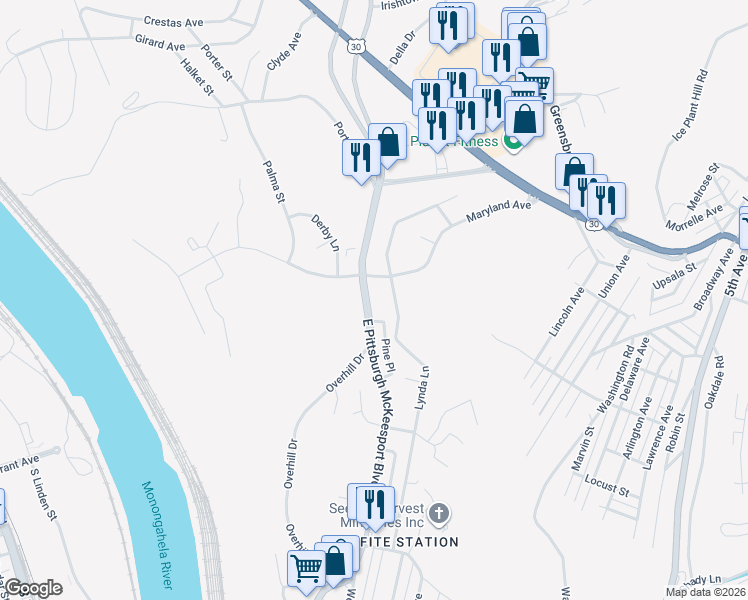 map of restaurants, bars, coffee shops, grocery stores, and more near 836 East Pittsburgh McKeesport Boulevard in North Versailles