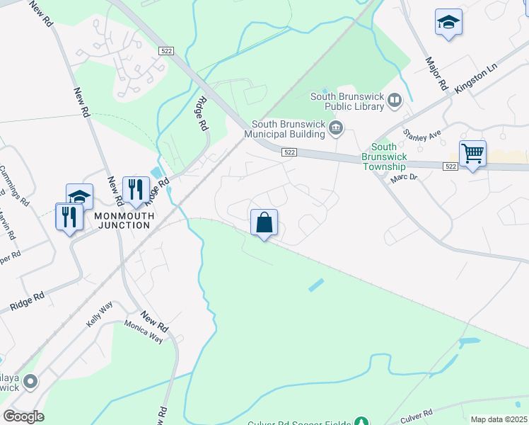 map of restaurants, bars, coffee shops, grocery stores, and more near 24 Allison Court in South Brunswick Township