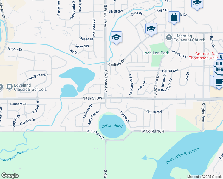 map of restaurants, bars, coffee shops, grocery stores, and more near 2816 Mango Place in Loveland