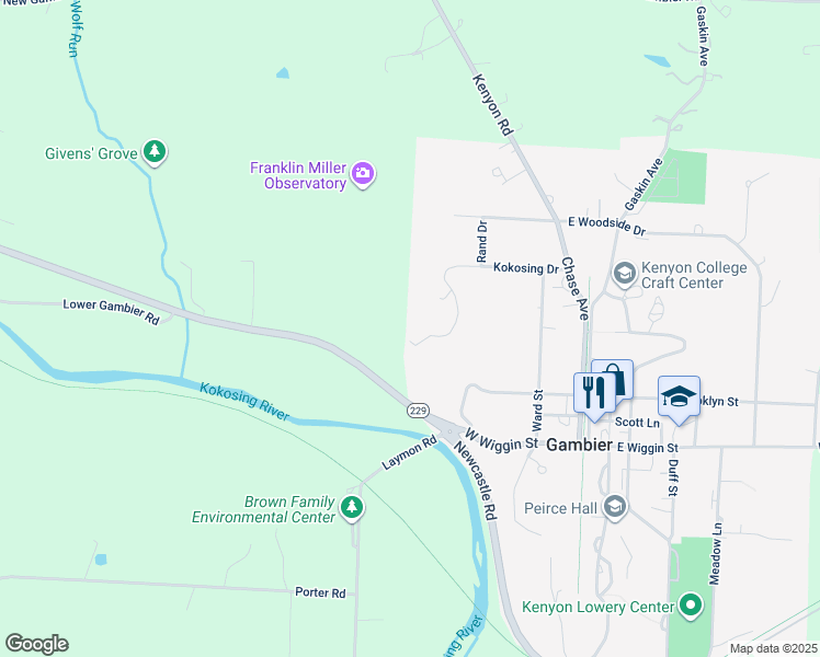 map of restaurants, bars, coffee shops, grocery stores, and more near 214 Kokosing Drive in Mount Vernon