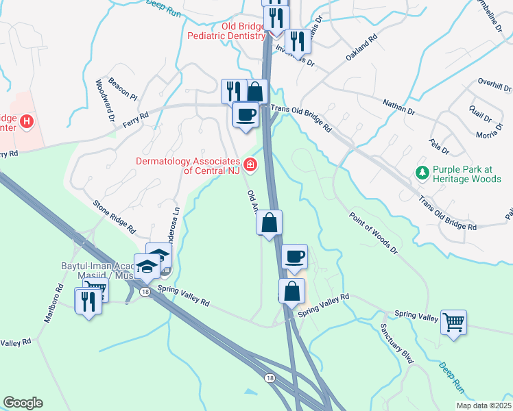 map of restaurants, bars, coffee shops, grocery stores, and more near 3590 U.S. 9 in Old Bridge