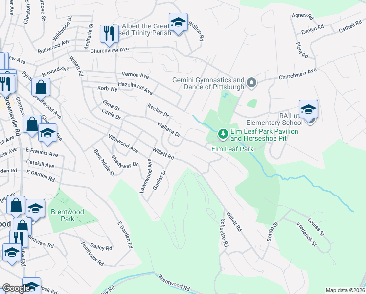 map of restaurants, bars, coffee shops, grocery stores, and more near 3406 Wallace Drive in Pittsburgh