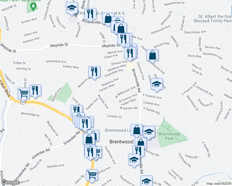map of restaurants, bars, coffee shops, grocery stores, and more near 55 Greenlee Road in Pittsburgh