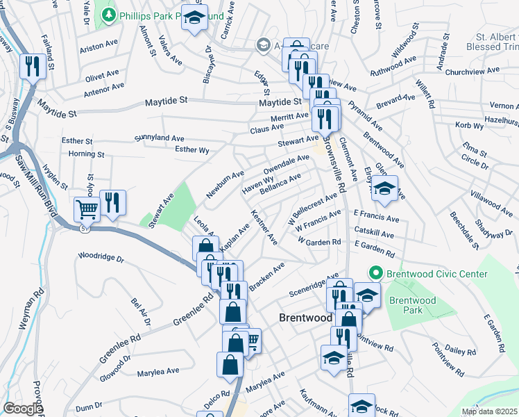 map of restaurants, bars, coffee shops, grocery stores, and more near 130 Bellanca Avenue in Pittsburgh