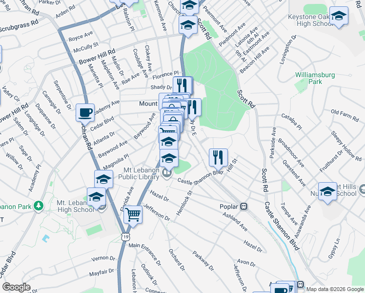 map of restaurants, bars, coffee shops, grocery stores, and more near 93 Central Square in Mt. Lebanon