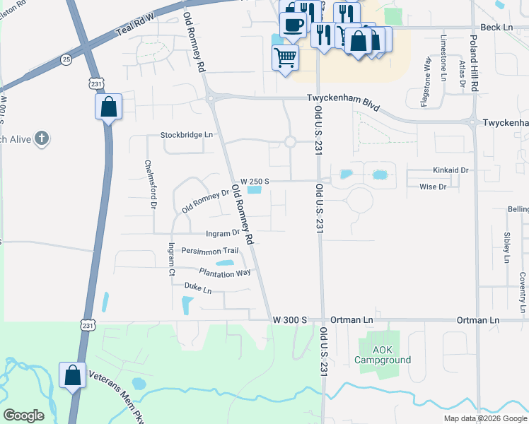 map of restaurants, bars, coffee shops, grocery stores, and more near 3241 Old Romney Road in Lafayette