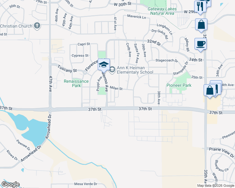 map of restaurants, bars, coffee shops, grocery stores, and more near 4013 36th Street in Evans