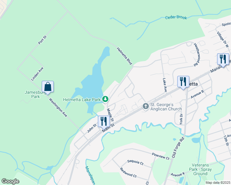 map of restaurants, bars, coffee shops, grocery stores, and more near 46 Lakeview Drive in Helmetta