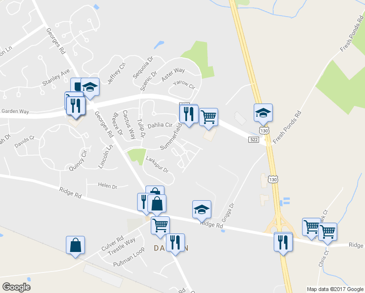 map of restaurants, bars, coffee shops, grocery stores, and more near 1209 Blossom Circle in South Brunswick Township