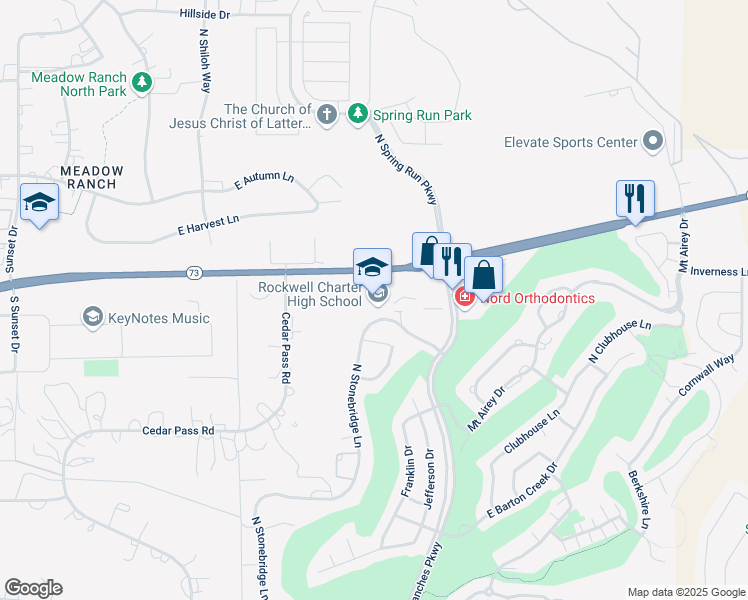 map of restaurants, bars, coffee shops, grocery stores, and more near 3435 East Stonebridge Lane in Eagle Mountain