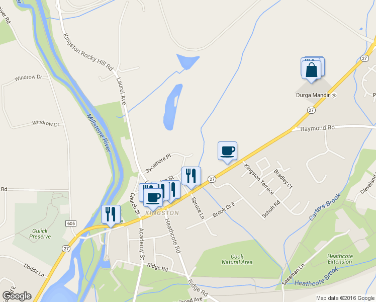 map of restaurants, bars, coffee shops, grocery stores, and more near 38 Sycamore Place in Princeton