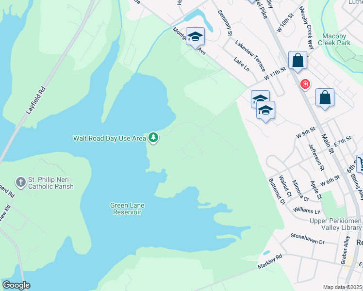 map of restaurants, bars, coffee shops, grocery stores, and more near 1047 Walt Road in Pennsburg