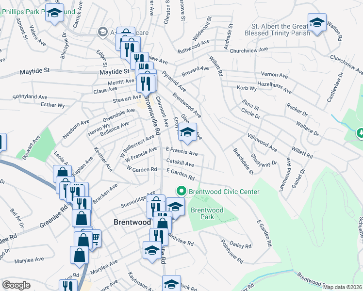 map of restaurants, bars, coffee shops, grocery stores, and more near 3129 Elroy Avenue in Brentwood