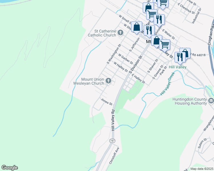 map of restaurants, bars, coffee shops, grocery stores, and more near S Jefferson & W Morgan St in Mount Union