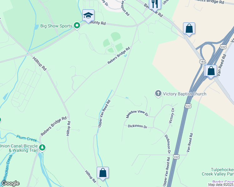 map of restaurants, bars, coffee shops, grocery stores, and more near 1129 Upper Van Reed Road in Leesport