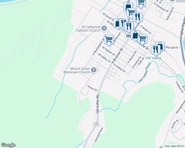 map of restaurants, bars, coffee shops, grocery stores, and more near S Jefferson & W Morgan St in Mount Union